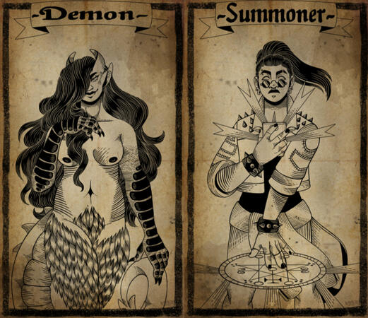 Summoner and Summoned - a set of character illustrations in a reproduced woodcut style