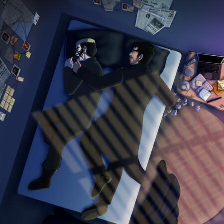 A Moment of Quiet - a render bird's eye view of a quiet downtime moment between to player characters