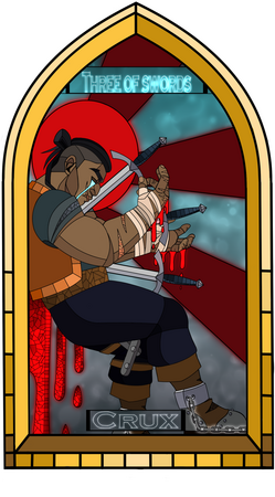 Three of Swords - A stylized stained glass panel of a Dungeons and Dragons player character Three of Swords - A stylized stained glass panel of a Dungeons and Dragons player character