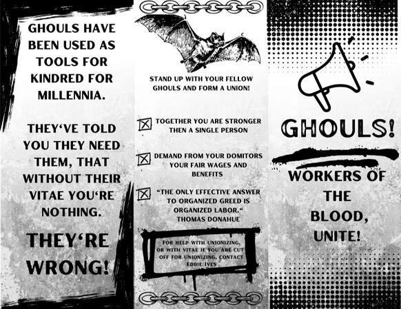 Ghoul's Union brochure (outside) - a prop made for an in-person Vampire the Masquerade game